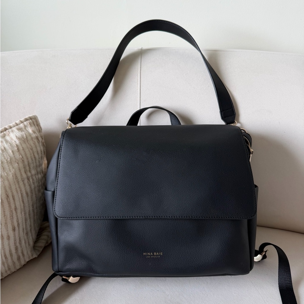 Mina Baie Black Leather Baby Bag